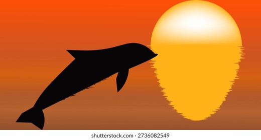 Dolphin leaping dynamically out of the ocean water, creating a captivating splash, silhouetted against the bright orange and yellow hues of a breathtaking sunset