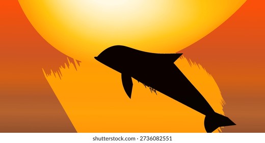 Dolphin leaping dynamically out of the ocean water, creating a captivating splash, silhouetted against the bright orange and yellow hues of a breathtaking sunset