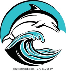 Delfín saltando sobre la ola en diseño circular turquesa