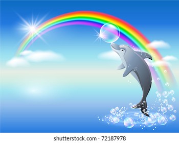 Dolphin leaps from water on the background of rainbow
