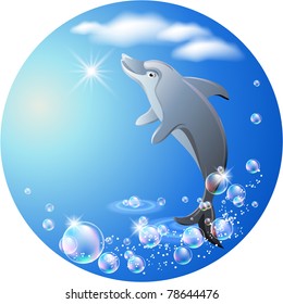 Dolphin leaps from water on the background of clouds