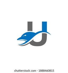 Delfín con el logotipo de la letra U concepto de diseño de icono ilustración de la plantilla vectorial