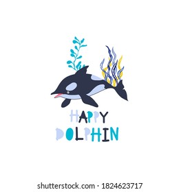 Dolphin and Lettering as Kids Fabric Print Vector Illustration. Marine and Sea Life Concept