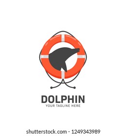 Dolphin in lifebuoy ring logo badge emblem vector symbol