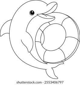 Dolphin with a Lifesaver Ring Coloring Page. Funny animal illustration colouring for kids