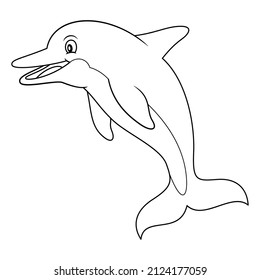 Dolphin line art illustration. Happy smiling face, jumping. Cheerful mascot and character for children and kids coloring book or coloring pages. Uncolored blank outline image on white background.