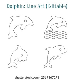 Dolphin line ary design. Four minimalist dolphin illustrations in a 2x2 grid. Simple line art of dolphins in different poses. Four black-line dolphins arranged in a grid layout.