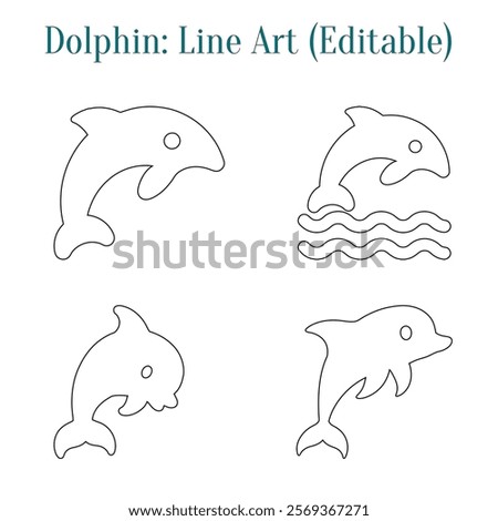 Dolphin line ary design. Four minimalist dolphin illustrations in a 2x2 grid. Simple line art of dolphins in different poses. Four black-line dolphins arranged in a grid layout.