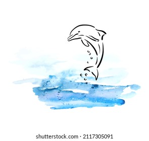 Dolphin line on the sea watercolor. Vector illustration 