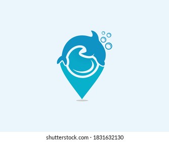 Dolphin and location symbol logo design illustration.