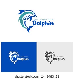 Dolphin logo with a combination of blue and green, suitable for a fisheries logo