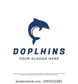 Diseño del logotipo delfines. Delfines saltan con una idea creativa sobre las olas del mar o de la playa.