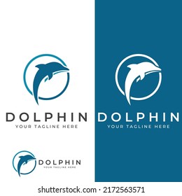 Logo del delfín. Los delfines saltan sobre las olas del mar o de la playa.