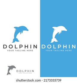 Dolphin logo. Dolphins jump on the waves of the sea or the beach.