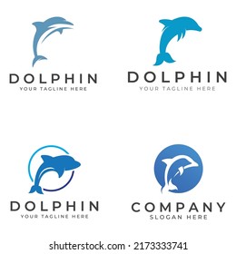Dolphin logo. Dolphins jump on the waves of the sea or the beach.