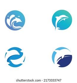 Dolphin logo. Dolphins jump on the waves of the sea or the beach.