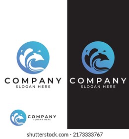Dolphin logo. Dolphins jump on the waves of the sea or the beach.