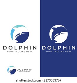 Dolphin logo. Dolphins jump on the waves of the sea or the beach.
