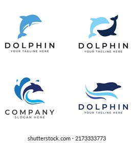 Dolphin-Logo. Delphine springen auf den Wellen des Meeres oder des Strandes.