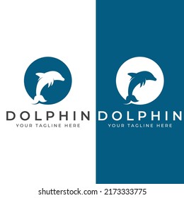 Dolphin logo. Dolphins jump on the waves of the sea or the beach.