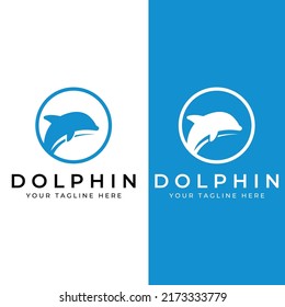 Dolphin logo. Dolphins jump on the waves of the sea or the beach.