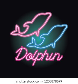 dolphin logo with neon sign effect. vector illustration