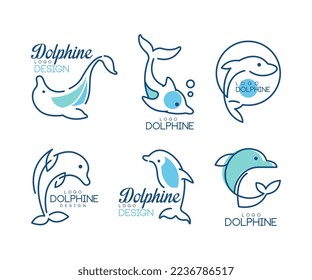 Dolphin Logo Template with Nautical Design Elements in Blue Color Vector Set