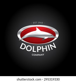 Dolphin logo template. Silver dolphin logotype on deep red background. Badge, t-shirt design, vector illustration for company and business.