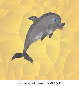 Dolphin made of polygons in the background. Illustration for children. Vector illustration