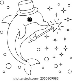 Dolphin with magic wand coloring page. Funny animal illustration colouring 