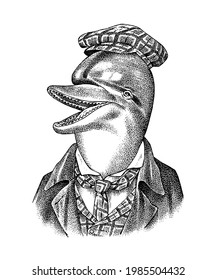 Dolphin man in hat and suit. Marine mammal. Victorian gentleman. Fashion animal character. Hand drawn sketch. Engraved illustration for and T-shirts or tattoo