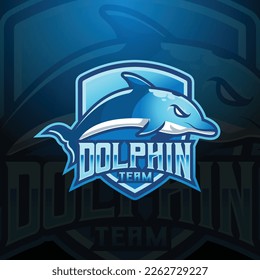 vector de diseño del logo de la mascota de delfines con un moderno estilo de ilustración para la impresión de insignias, emblemas y camisetas. moderna ilustración del logotipo del escudo de delfines para el equipo deportivo, gamer, streamer y esport.