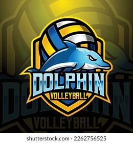 dolphin mascot volleyball team logo design vector with modern illustration concept style for badge, emblem and tshirt printing. modern dolphin shield logo illustration for sport, gamer, streamer