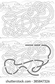 Dolphin maze for kids with a solution in black and white