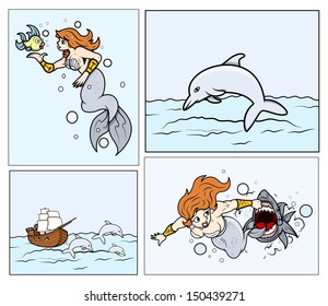 Dolphin and Mermaid Backgrounds - Cartoon Vector Illustration