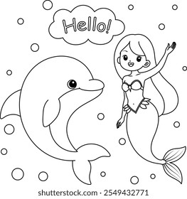 Dolphin and Mermaid Coloring Page. Funny animal illustration colouring 