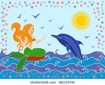 Dolphin and Mermaid as a mythical girl on the sea waves in the warm season, hand drawing vector illustration