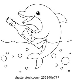 Dolphin with a Message in a Bottle Coloring Page. Funny animal illustration colouring for kids