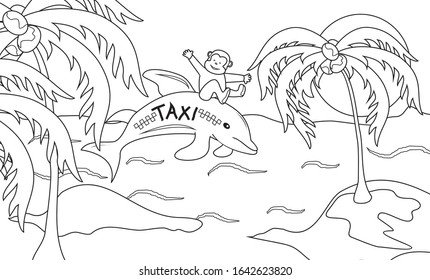 Dolphin and monkey, coloring book for children, vector illustration. The monkey rides on a dolphin. There are islands with palm trees and sun in the background.