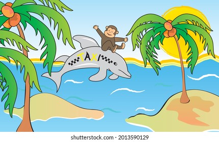 Dolphin and Monkey, cute vector illustration