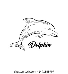 Dolphin monochrome flat vector illustration. Sea animal, intelligent mammal freehand sketch. Saltwater creature black ink drawing. Marine life, fauna representative sketched outline with inscription