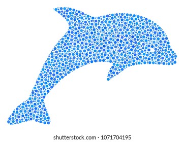 Dolphin mosaic of dots in various sizes and color tones. Circle elements are organized into dolphin vector collage. Dotted vector design concept.