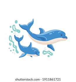 Dolphin mother and her baby swimming in water, flat vector illustration isolated on white background. Cartoon characters of mother and child dolphins in sea wave.