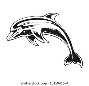 Dolphin In Motion. Black And White Contrast Vector Art. 