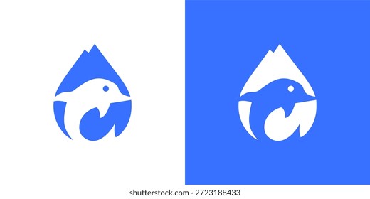 Delfín y montaña en gota de agua Logo
