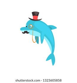 Dolphin with Mustache Swimming Wearing Black Top Hat and Retro Glasses, Cartoon Humanized Sea Animal Character Vector Illustration