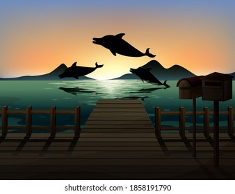 Dolphin in nature scene silhouette illustration