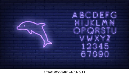 Dolphin neon sign. Purple dolphin jumping on brick wall background. Night bright advertisement. Vector illustration in neon style for delphinarium and water performance