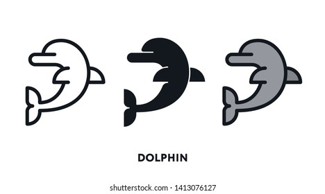 Dolphin Ocean Fish Animal Vector Flat Line Stroke Icon.
