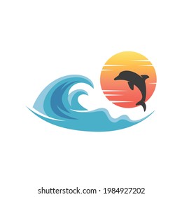 Dolphin and Ocean Wave Illustration Logo